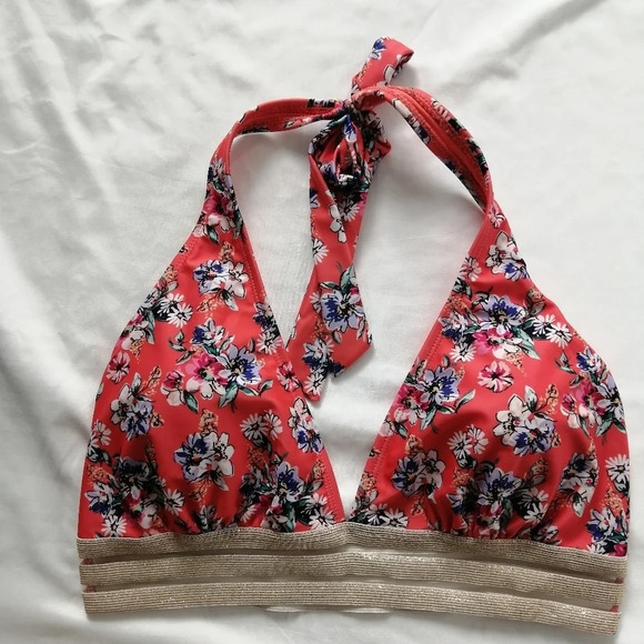 Nicole Miller Coral Pink Floral  Halter Bikini Top with Mesh Metallic Band Large - Picture 8 of 16
